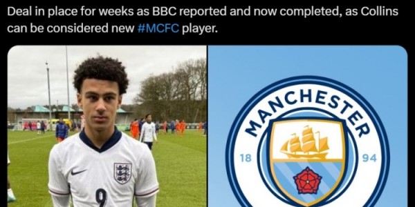 华体会hth官网入口-青训引援+1，罗马诺：曼城从谢周三签下U15球员罗马里奥-科林斯